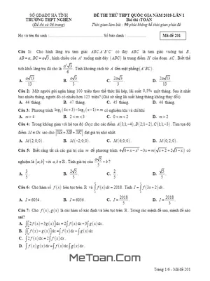 Đề Thi Thử THPT Quốc Gia 2018 Môn Toán Trường THPT Nghèn - Hà Tĩnh Lần 1