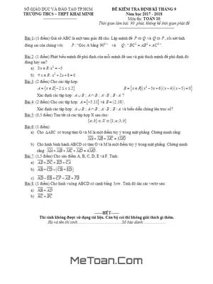 Đề kiểm tra định kỳ tháng 9 năm học 2017 - 2018 môn Toán 10 trường THCS - THPT Khai Minh - TP. HCM