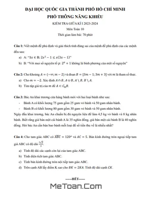 Đề Thi Giữa Kì 1 Toán 10 Năm 2023 - 2024 Trường Phổ Thông Năng Khiếu - TP HCM