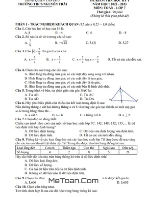 Đề thi học kỳ 1 Toán lớp 7 năm 2022 - 2023 trường THCS Nguyễn Trãi - TP HCM