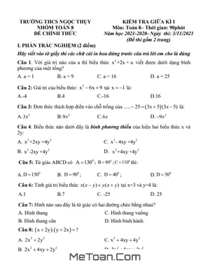 Đề thi giữa kì 1 Toán 8 năm 2021 - 2022 trường THCS Ngọc Thụy - Hà Nội