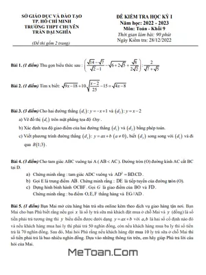 Đề học kỳ 1 Toán 9 năm 2022 – 2023 trường chuyên Trần Đại Nghĩa – TP HCM