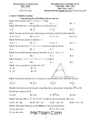 Đề thi cuối kỳ 2 Toán 7 năm 2020 - 2021 Sở GD&ĐT Bắc Ninh
