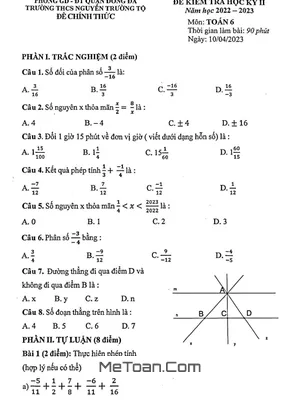 Đề Thi Học Kỳ 2 Toán 6 Năm 2022 - 2023 Trường THCS Nguyễn Trường Tộ - Hà Nội