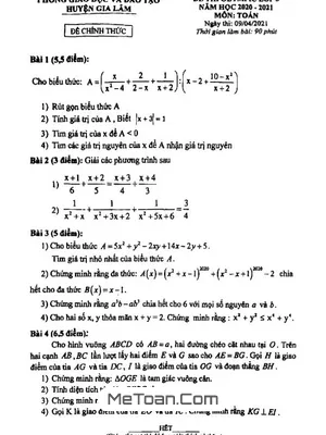 Đề thi Olympic Toán 8 năm 2020 - 2021 phòng GD&ĐT Gia Lâm - Hà Nội