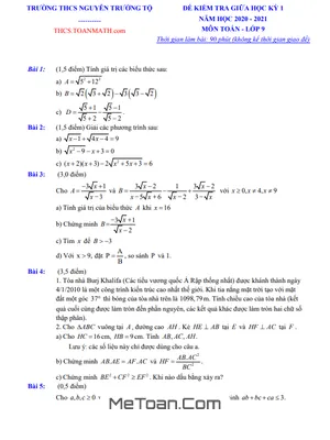 Đề thi giữa kì 1 Toán 9 năm 2020 – 2021 trường THCS Nguyễn Trường Tộ – Hà Nội