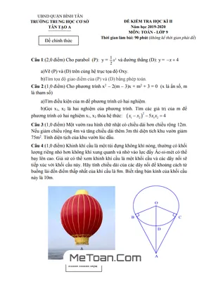 Đề thi HK2 Toán 9 năm 2019 - 2020 trường THCS Tân Tạo A - TP HCM