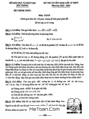 Đề thi tuyển sinh lớp 10 môn Toán năm 2023 - 2024 Sở GD&ĐT Sóc Trăng
