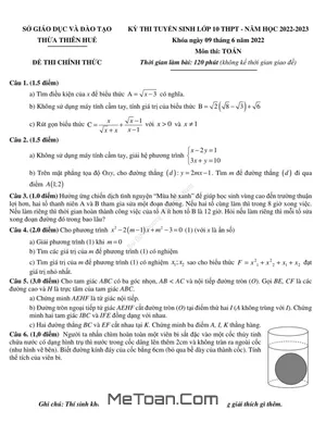 Đề Thi Tuyển Sinh Lớp 10 Môn Toán Năm 2022 - 2023 Sở GD&ĐT Thừa Thiên Huế