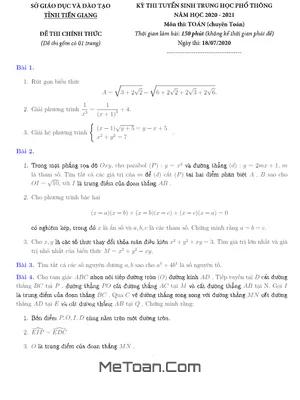 Đề thi Tuyển Sinh Lớp 10 Môn Toán (Chuyên) Năm 2020 - 2021 Sở GD&ĐT Tiền Giang