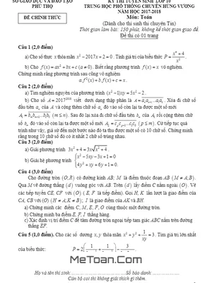Đề thi tuyển sinh lớp 10 môn Toán chuyên Tin trường THPT chuyên Hùng Vương - Phú Thọ năm 2017 - 2018