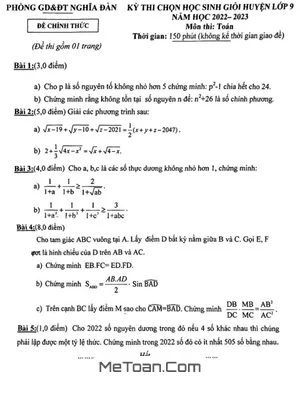 Đề thi học sinh giỏi huyện Toán 9 năm 2022 - 2023 phòng GD&ĐT Nghĩa Đàn - Nghệ An