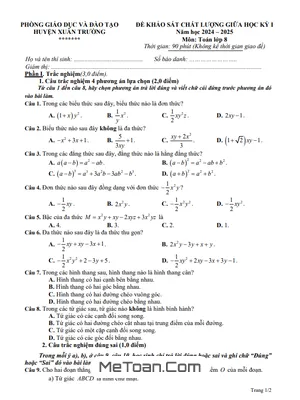 Đề thi giữa học kỳ 1 Toán 8 năm 2024 - 2025 phòng GD&ĐT Xuân Trường - Nam Định