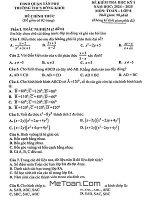 Đề thi học kỳ 1 Toán 8 năm 2024 - 2025 trường THCS Đồng Khởi - TP HCM