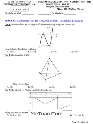 Đề Thi Giữa Kỳ 1 Toán 12 Năm 2025 - 2026 Trường THPT Trường Xuân, Đồng Tháp (Có Đáp Án)
