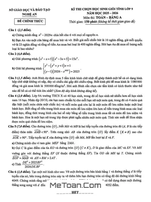 Đề Thi Chọn Học Sinh Giỏi Tỉnh Toán 9 Năm 2025 – 2026 Sở GD&ĐT Nghệ An