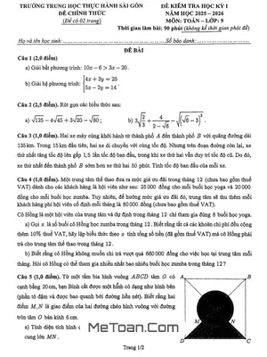 Đề thi học kỳ 1 Toán 9 năm học 2025 - 2026 trường Thực hành Sài Gòn - TP.HCM