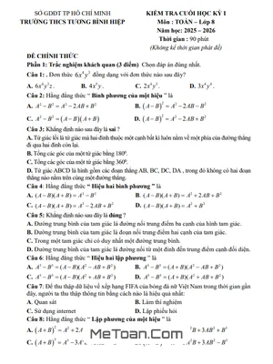 Đề thi cuối học kỳ 1 Toán 8 năm 2025 – 2026 trường THCS Tương Bình Hiệp – TP.HCM