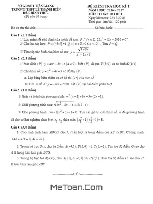 Đề thi HK1 Toán 10 năm học 2016 - 2017 trường THPT Lê Thanh Hiền - Tiền Giang