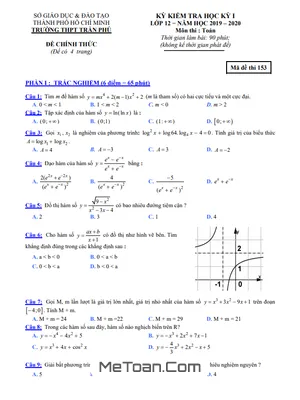 Đề thi HK1 Toán 12 năm 2019 - 2020 trường THPT Trần Phú - TP HCM