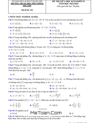 Đề thi giữa kì 2 Toán 10 năm 2023 - 2024 trường THPT Sóc Sơn - Hà Nội
