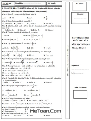 Đề thi giữa kỳ 1 Toán 11 năm 2022 - 2023 trường THPT Hương Khê - Hà Tĩnh
