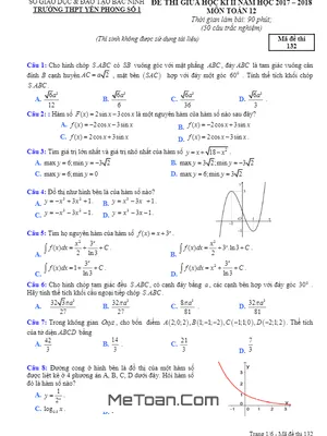 Đề thi giữa HK2 Toán 12 năm 2017 - 2018 trường THPT Yên Phong số 1 - Bắc Ninh