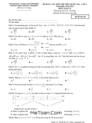 Đề KSCL Toán 12 Ôn Thi THPTQG Năm 2018 - 2019 Trường Chuyên Vĩnh Phúc Lần 3