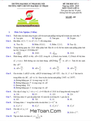 Đề thi học kỳ 1 Toán 11 năm 2018 - 2019 trường THPT chuyên ĐHSP Hà Nội
