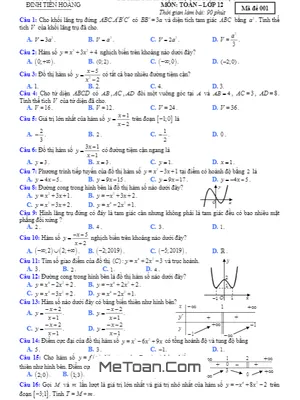 Đề kiểm tra giữa HK1 Toán 12 năm 2019 – 2020 trường Đinh Tiên Hoàng – BR VT