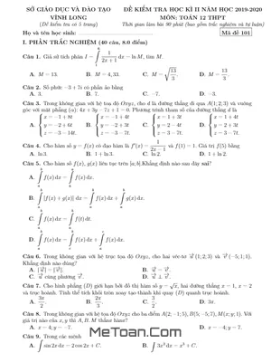 Đề thi học kì 2 Toán 12 THPT năm học 2019 - 2020 sở GD&ĐT Vĩnh Long