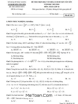 Đề thi học sinh giỏi Toán 10 năm 2023 - 2024 cụm Tân Yên - Bắc Giang