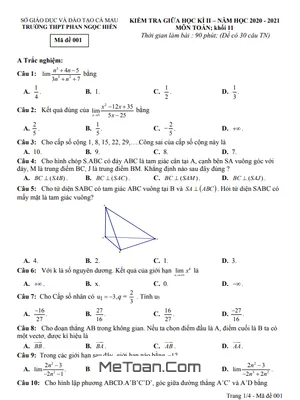 Đề Thi Giữa Kì 2 Toán 11 Năm 2020 - 2021 Trường Phan Ngọc Hiển - Cà Mau