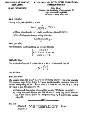 Đề chọn đội tuyển thi HSG QG môn Toán năm 2022 – 2023 sở GD&ĐT Kiên Giang