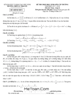 Đề thi HSG Toán 12 cấp trường năm 2017-2018 trường Lý Thái Tổ - Bắc Ninh (Có lời giải)