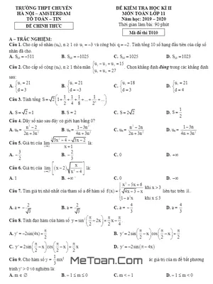 Đề thi HK2 Toán 11 năm 2019 - 2020 trường THPT chuyên Hà Nội - Amsterdam