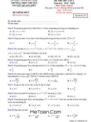 Đề thi thử THPT Quốc Gia 2020 môn Toán lần 1 trường chuyên Nguyễn Quang Diêu – Đồng Tháp
