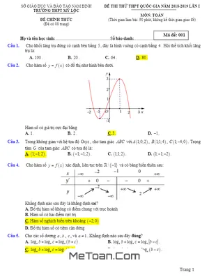 Đề Thi Thử Toán THPT Quốc Gia 2019 Trường THPT Mỹ Lộc - Nam Định Lần 1