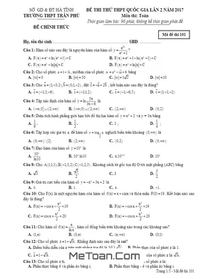 Đề Thi Thử THPT Quốc Gia 2017 Môn Toán Trường THPT Trần Phú – Hà Tĩnh Lần 2
