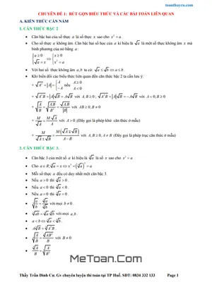 Chuyên Đề Rút Gọn Biểu Thức Toán 9 - Trần Đình Cư - Tài Liệu Ôn Thi Vào 10