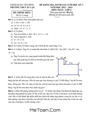 Đề thi học kỳ 1 Toán lớp 6 năm 2022 - 2023 trường THCS Âu Lạc - TP.HCM (có đáp án)
