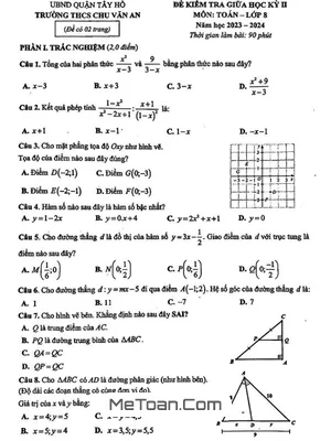 Đề thi giữa kỳ 2 Toán 8 năm 2023 - 2024 trường THCS Chu Văn An - Hà Nội