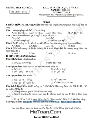 Đề thi Giữa Kì 1 Toán 8 Năm 2020 - 2021 Trường THCS Tam Hồng - Vĩnh Phúc