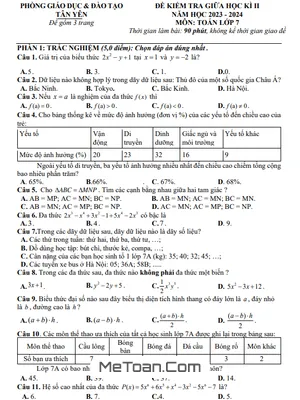 Đề thi giữa kì 2 Toán 7 năm 2023 - 2024 phòng GD&ĐT Tân Yên - Bắc Giang