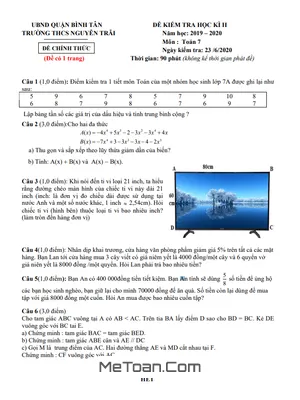 Đề thi học kì 2 Toán lớp 7 năm 2019 - 2020 trường THCS Nguyễn Trãi - TP HCM (có lời giải)