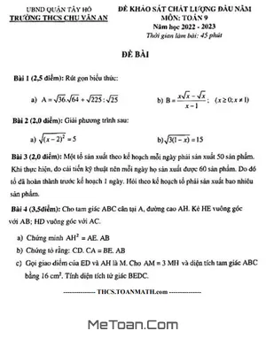 Đề khảo sát chất lượng Toán 9 đầu năm 2022 – 2023 trường THCS Chu Văn An – Hà Nội