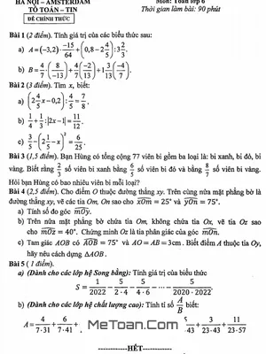 Đề thi học kì 2 Toán lớp 6 năm 2020 - 2021 trường chuyên Hà Nội - Amsterdam