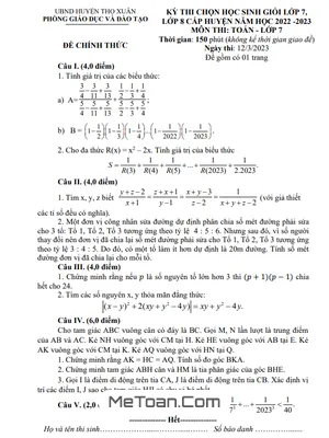 Đề thi học sinh giỏi Toán 7 năm 2022 - 2023 phòng GD&ĐT Thọ Xuân - Thanh Hóa