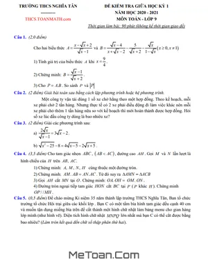 Đề thi giữa kì 1 Toán 9 năm 2020 – 2021 trường THCS Nghĩa Tân – Hà Nội