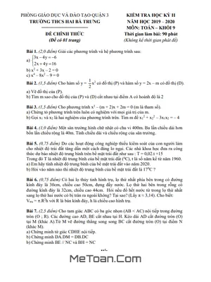 Đề thi HK2 Toán 9 năm 2019 - 2020 trường THCS Hai Bà Trưng - TP HCM